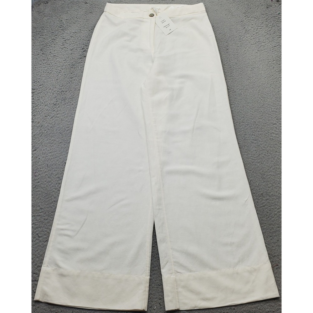 H&M Wide Leg Pants Womens 8 White Linen Blend Melange Flowy Chic Mid Rise